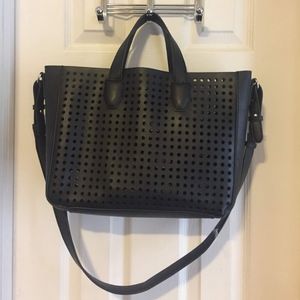 Black Perforated Vegan Leather Crossbody Tote Bag
